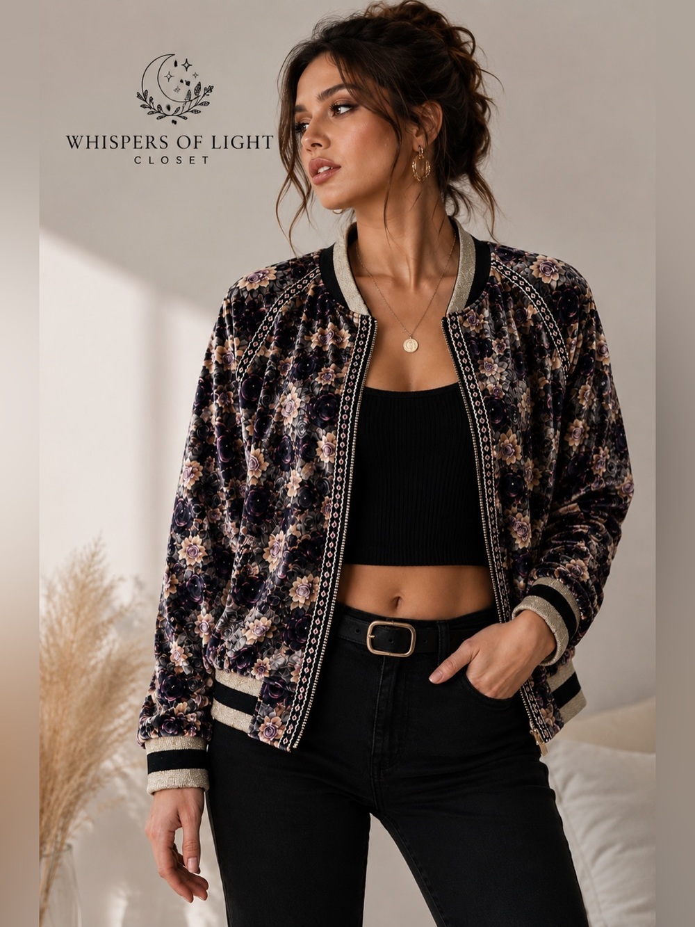 POL Velvet Floral Bomber Jacket